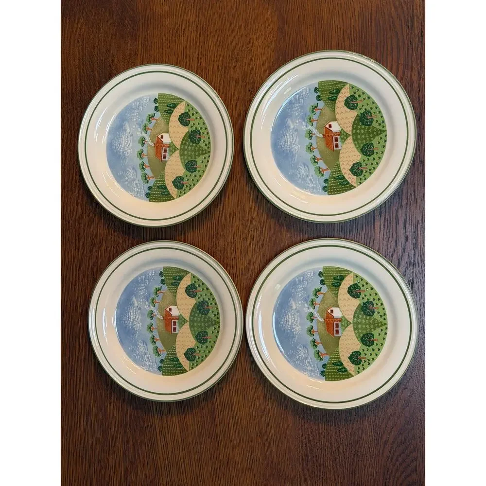 Set of 4 Vintage Sango Sangostone 7 5/8” Salad Plate Set, “Country Cottage” 3645